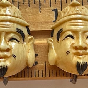 Vintage Japanese Toshikane Carved Bone Ebisu Kami Painted Arita Japanese Noh Mask Non Pierced Earrings