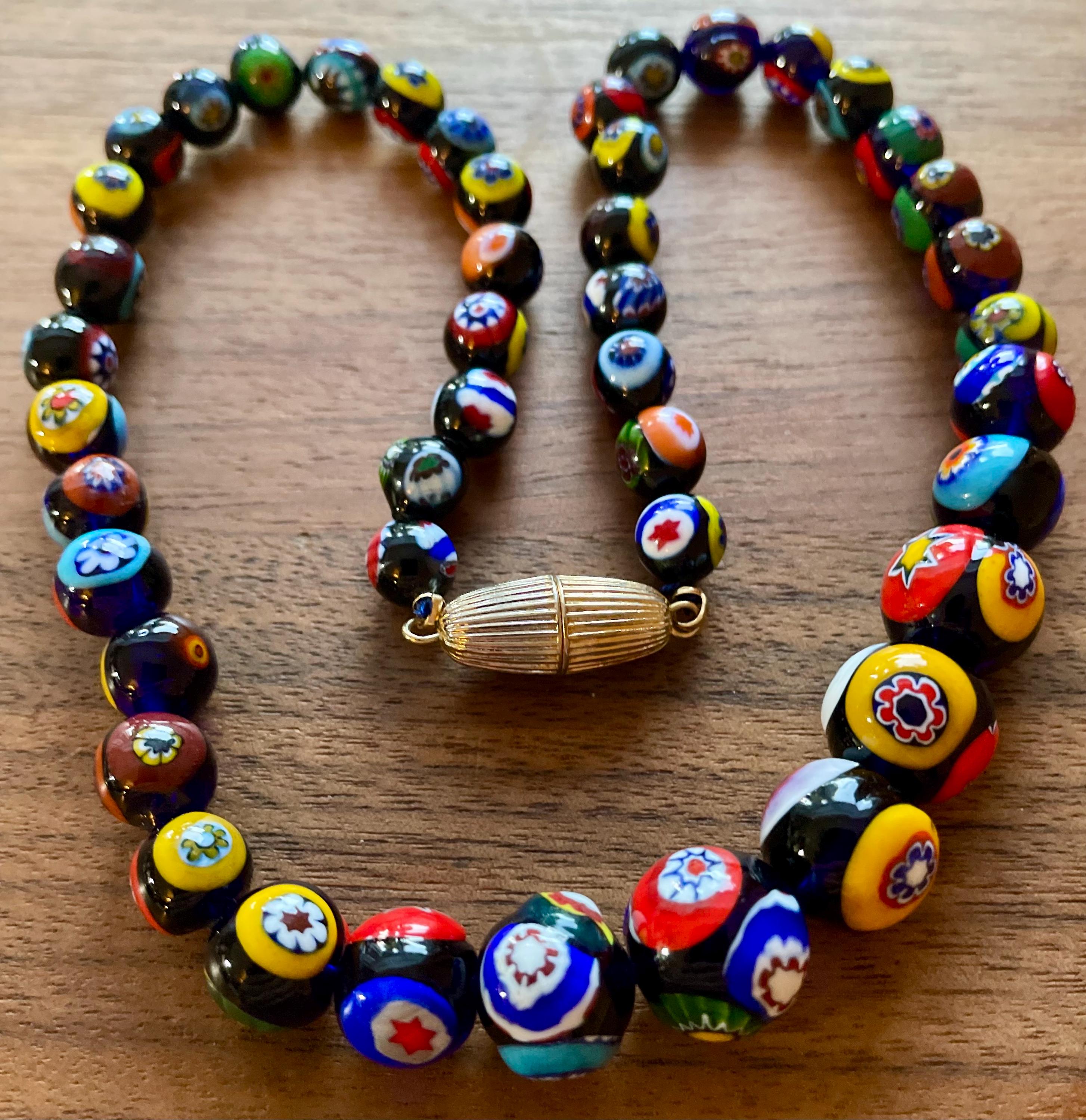 Collier Vintage En Verre Millefiori - Perles Orange, Vert, Doré, Longueur 88,9 Cm