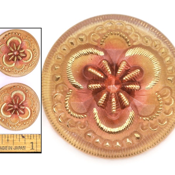 2pc 27mm Vintage Czech Glass Peach Gold Japanese Cherry Blossom Flower 3-D Buttons