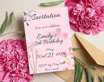 Invitación de fiesta de cumpleaños femenina, editable e imprimible, rosa y floral.