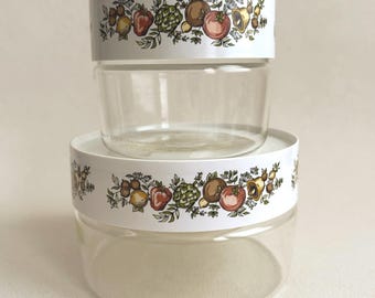 Vintage Pyrex Spice of Life See N Store Canister Set of 2 | Glass Kitchen Storage Containers with White Lids | 1970s Stackable Kitchen Decor