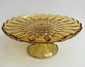 Vintage Amber Glass Pedestal Cake Stand | Fairfield Pattern Pressed Glass Cake Plate | 10 Inch Honey Gold Dessert Stand