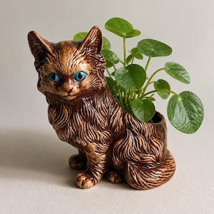 Vintage Brown Ceramic Cat Planter | Blue Eyes, Sculpted Fur, Retro Vase