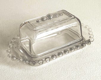 Vintage Imperial Glass Candlewick Butter Dish | Clear Pressed Glass Beaded Edge Server