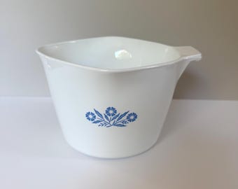 Vintage Corning Ware Blue Cornflower Saucemaker | 4 Cup Measuring Sauce Pan Bowl | Mid Century White Milk Glass Pyroceram