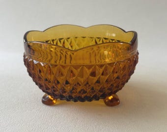 Vintage Amber Glass Footed Trinket Dish | Diamond Point Pattern Pedestal Bowl | Mid Century Amber Pressed Glass Catchall | Small Candy Dish