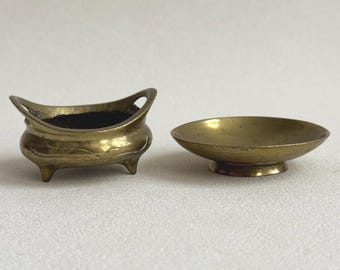 Vintage Solid Brass Mini Incense Burner & Brass Dish Set | Small Footed Censer with Matching Brass Tray | Asian Decor