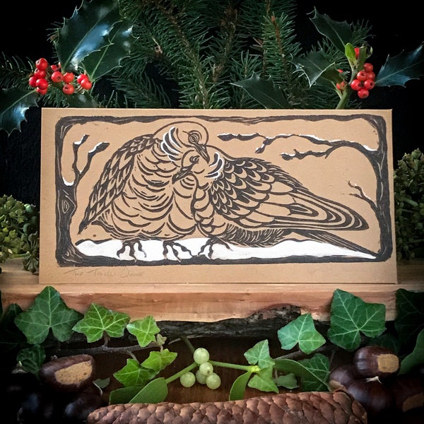 Two Turtle Doves -  Hand-made linocut Card - 12 Days of Christmas Card -  eco friendly - recycled