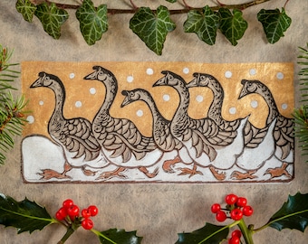 Six Geese a-Laying - Twelve days of Christmas. Hand made linocut print finished with gold and hand painted details on hand made paper.