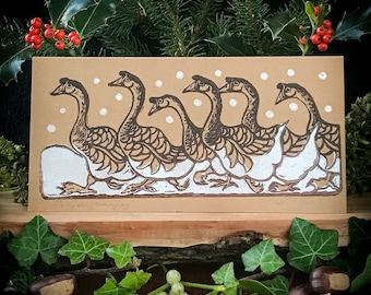 Six Geese A Laying - Hand-made linocut Christmas Card | 12 Days of Christmas | eco-friendly | recycled | natural