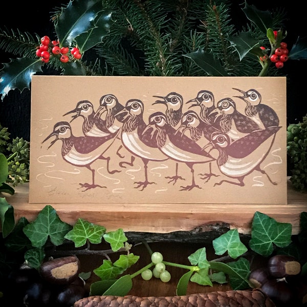 Eleven (Sand) Pipers Piping - Hand-made linocut Card - 12 Days of Christmas