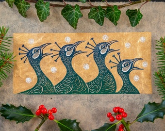 Four Calling Birds - Twelve days of Christmas. Hand made linocut of peacocks finished with gold and hand painted details on hand made paper.