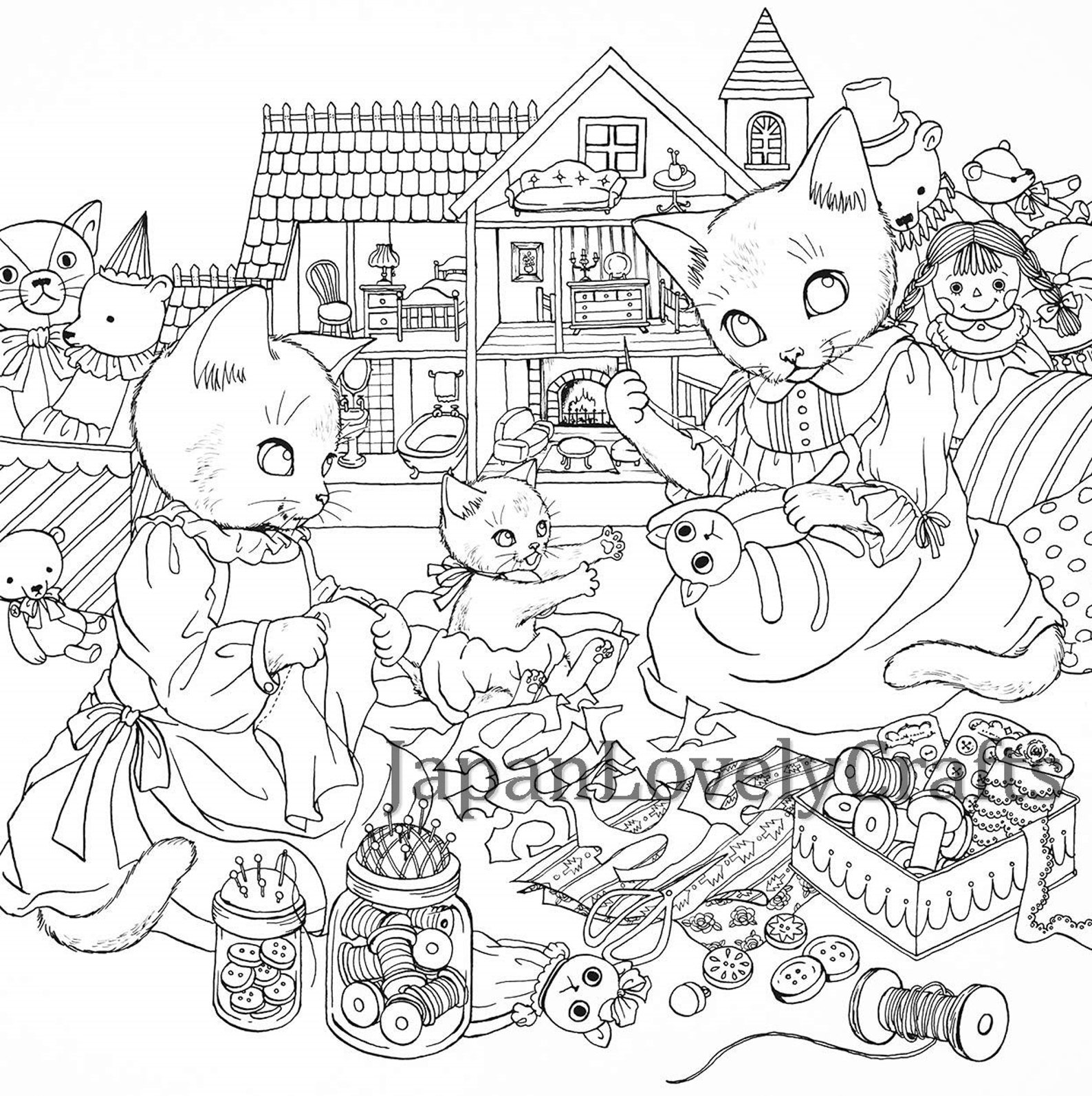 Japanese cat animal Coloring Book for adults Cute & retro | Etsy