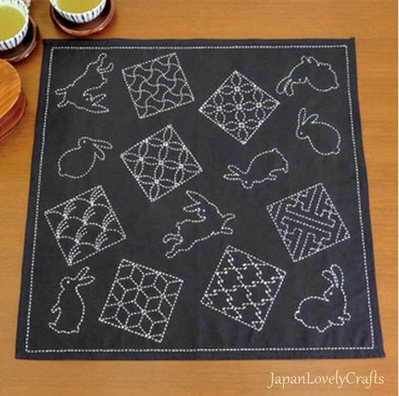 Japanese Sashiko Kit Blue Kitchen Cloth Mat Embroidery DIY Etsy