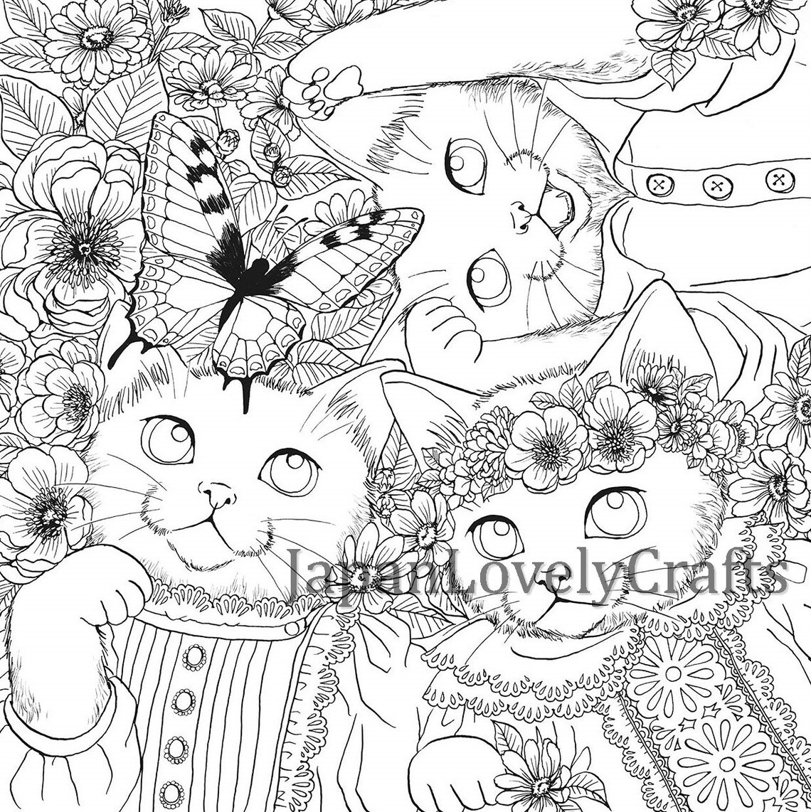 Japanese cat animal Coloring Book for adults Cute & retro | Etsy