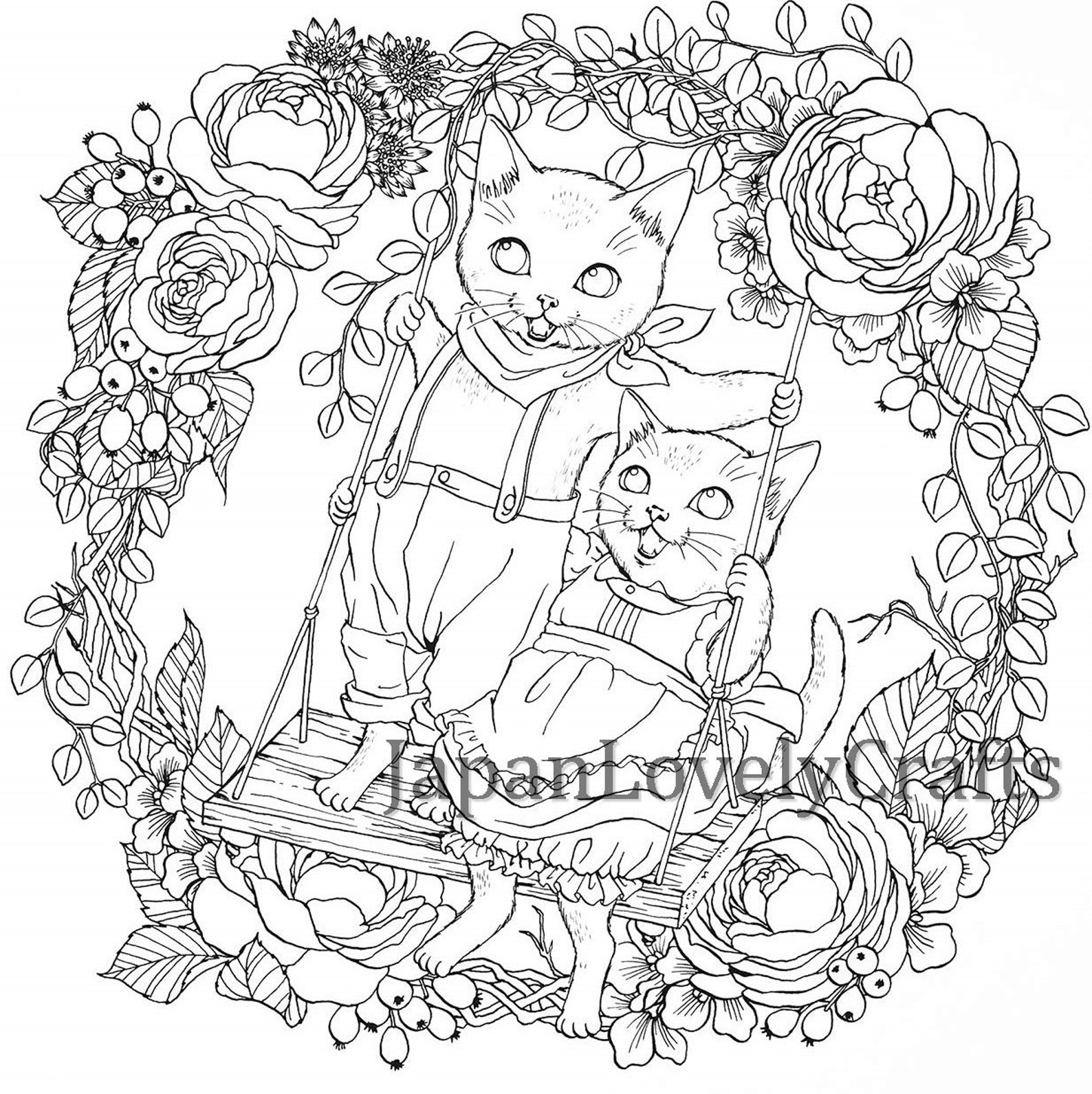 Japanese cat animal Coloring Book for adults Cute & retro | Etsy