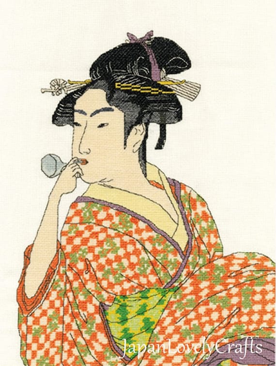Japanese Asian Utamaro Geisha Kimono Counted Cross Stitch Chart Pattern