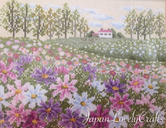 Japanese Cross Stitch Kit Modern Cosmos Flower Garden Etsy