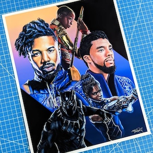 May include: A colorful illustration of four Black Panther characters. The characters are depicted in a dynamic pose, with a blue, purple, and orange background. The characters are wearing costumes with intricate details.