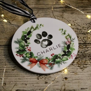 Personalised Christmas Dog bauble / Christmas Bauble / Tree Decoration / watercolour Dog ornament / Pet Memorial / Dog paw Wreath image 2