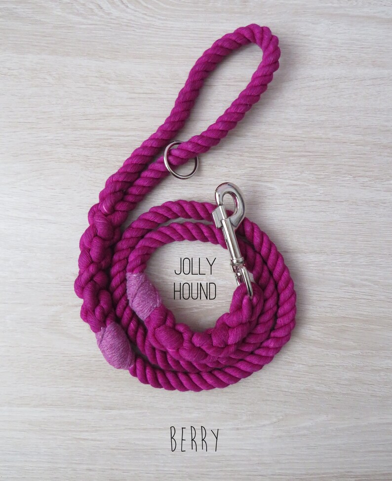 May include: A pink cotton rope dog leash with a silver clip and a silver ring. The leash is coiled and the brand name "JOLLY HOOUND" is printed on the rope. The word "BERRY" is printed below the leash.