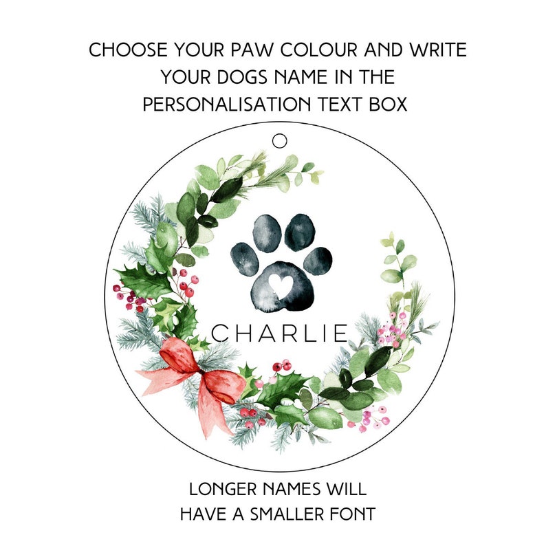 Personalised Christmas Dog bauble / Christmas Bauble / Tree Decoration / watercolour Dog ornament / Pet Memorial / Dog paw Wreath image 3