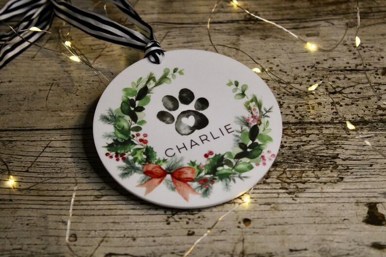 Personalised Christmas Dog bauble / Christmas Bauble / Tree Decoration / watercolour Dog ornament / Pet Memorial / Dog paw Wreath image 2