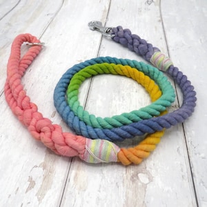 May include: A rainbow colored cotton rope dog leash with a silver clip and a pink loop at the end.