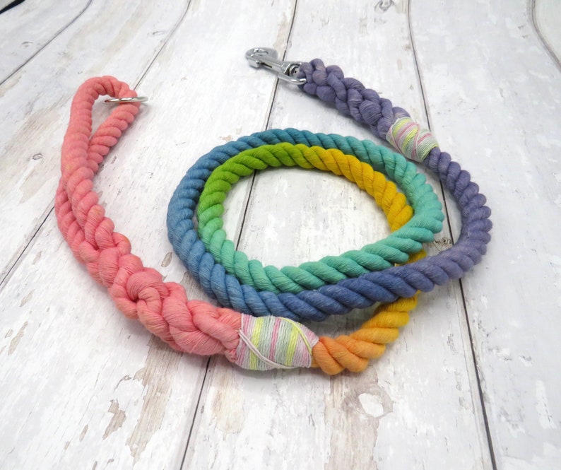May include: A rainbow colored cotton rope dog leash with a silver clip and a pink loop at the end.