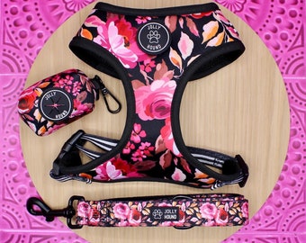 Midnight Rose Floral Dog Harness Set | Bundle Lead, Harness and Poop Bag Holder