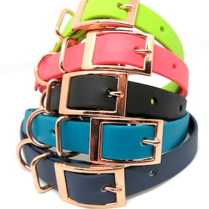 May include: Five colorful dog collars with rose gold buckles. The collars are stacked on top of each other, with the green collar on top and the navy blue collar on the bottom. The collars are made of a soft, durable material and are available in a variety of colors.