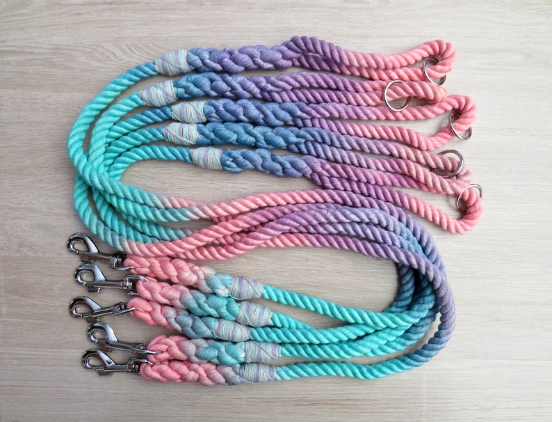 May include: Set of five ombre dog leashes in shades of pink, purple, and blue. Each leash is made of braided rope with a silver metal clip.