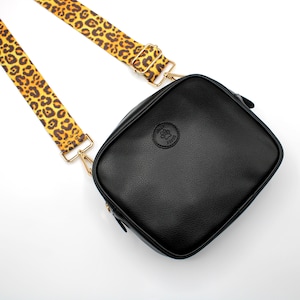 Vegan Leather Handbag, Dog Walking Bag, poop bag holder, Leopard Print Strap Adjustable