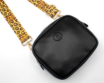 Black Crossbody Bag with a Leopard Print Strap