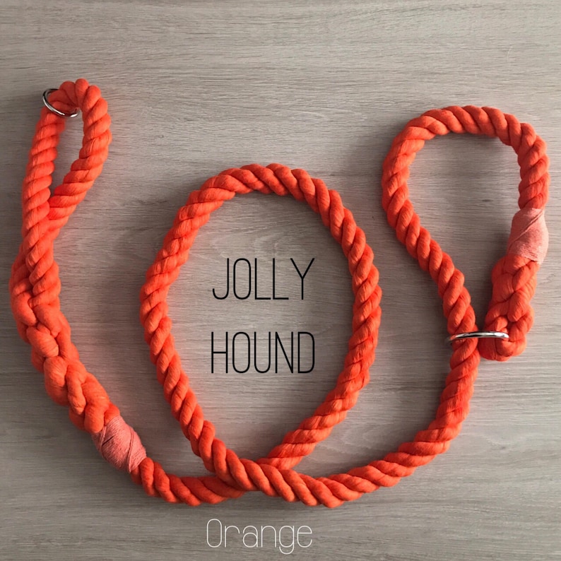 Pode incluir: Trela de corda laranja para c&atilde;es com ferragens met&aacute;licas. A trela &eacute; n&oacute; e tem as palavras "JOLLY HOUND" impressas.