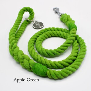 May include: Apple green cotton rope dog leash with a silver clip and a silver tag that says "Jolly Hound".