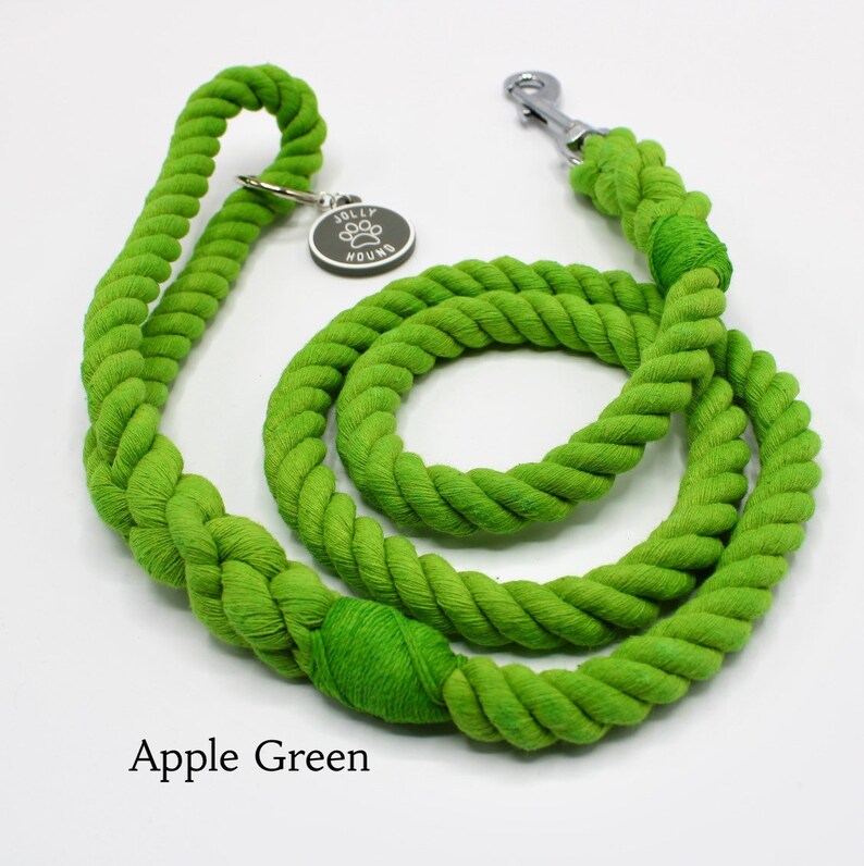 May include: Apple green cotton rope dog leash with a silver clip and a silver tag that says "Jolly Hound".