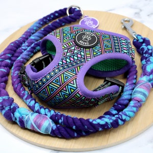 May include: A purple and blue patterned dog harness with a matching rope lead. The harness has a green mesh lining and a black Jolly Hound logo.