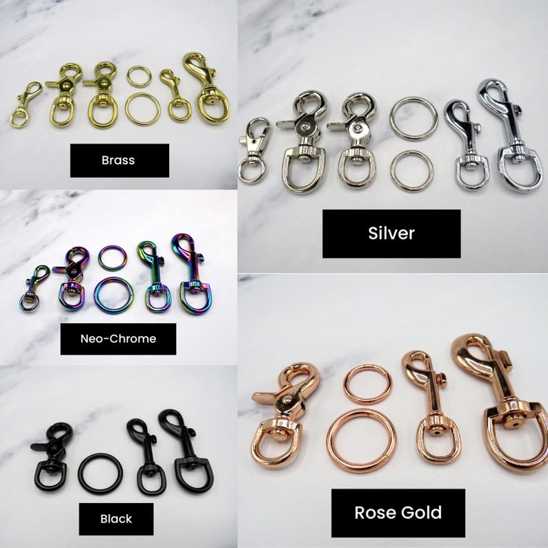 May include: Four sets of metal keychains in different finishes: brass, silver, neo-chrome, and rose gold. Each set includes two swivel clasps and a jump ring.