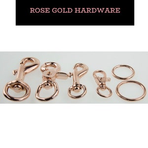 May include: A set of six rose gold metal hardware pieces, including two swivel clasps, two lobster clasps, and two jump rings.