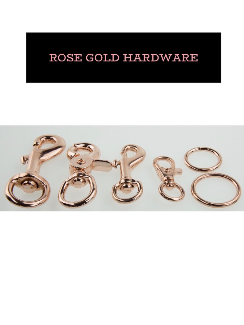 May include: A set of six rose gold metal hardware pieces, including two swivel clasps, two lobster clasps, and two jump rings.
