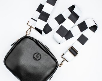 Dog Walking Crossbody Bag Black & White Stripe Strap | Vegan Leather | Black Handbag | Poop Bag holder