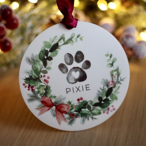 Personalised Christmas Dog bauble / Christmas Bauble / Tree Decoration / watercolour Dog ornament / Pet Memorial / Dog paw Wreath