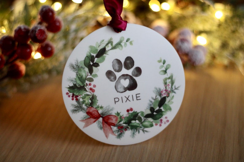 Personalised Christmas Dog bauble / Christmas Bauble / Tree Decoration / watercolour Dog ornament / Pet Memorial / Dog paw Wreath image 1