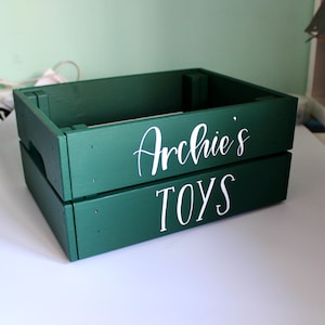 Dark Green Wooden Toy box crate with white name ‘Archie’ and ‘toys’