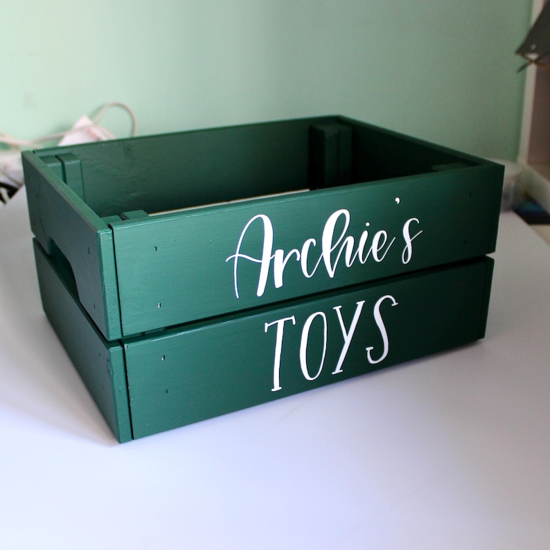 Dark Green Wooden Toy box crate with white name ‘Archie’ and ‘toys’
