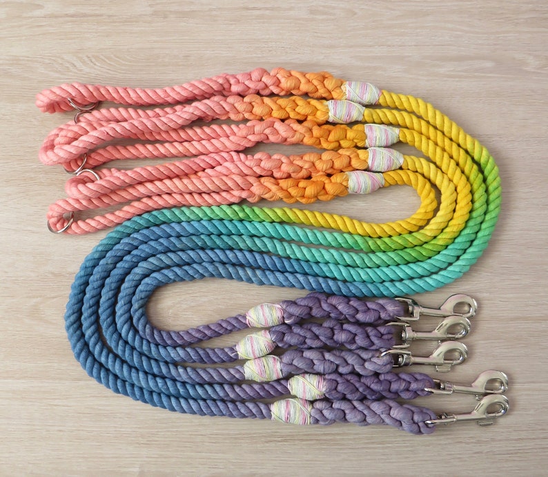 May include: A set of six colorful dog leashes, featuring a rainbow of colors, including pink, orange, yellow, green, blue, and purple. The leashes are made of braided rope and have metal clips.