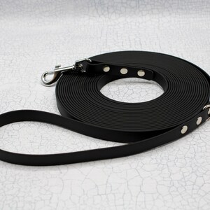May include: Black dog lead with a silver clip and metal rings. The lead is coiled and has a smooth, rubbery texture.