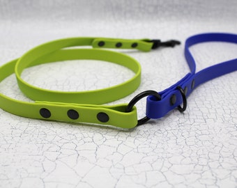 May include: A lime green and royal blue dog leash made of a smooth, flexible material. The leash features black metal hardware, including a circular ring and rivets, with a handle loop at one end and a metal clip at the other end.