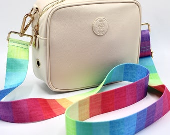 Cream Crossbody Bag with Happy Days Strap Rainbow Stripe Bag Strap | Poo bag dispenser | Dog Walking Bag